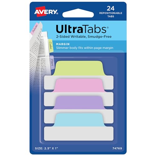 Avery Margin Ultra Tabs, 2.5" x 1", 2-Side Writable, Assorted Pastel...