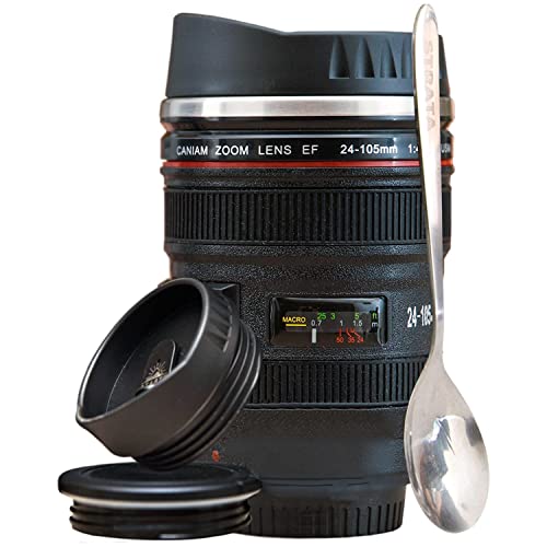 STRATA CUPS Camera Lens Coffee Mug -13.5oz, SUPER BUNDLE! (2 LIDS + SPOON)...