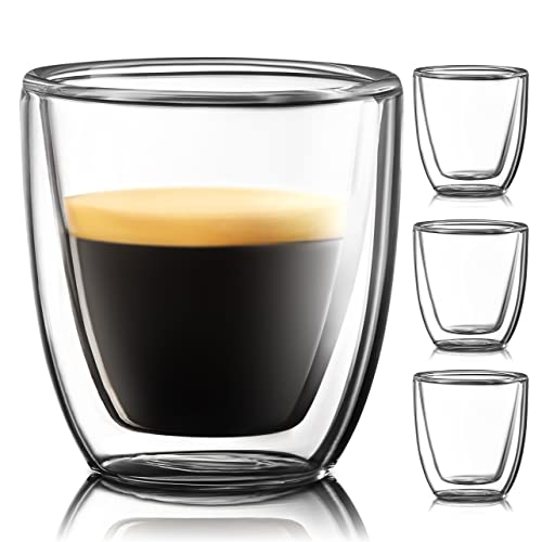 Glass Espresso Cups Set of 4 - Double Walled Espresso Cups 2.6 OZ - Wide...