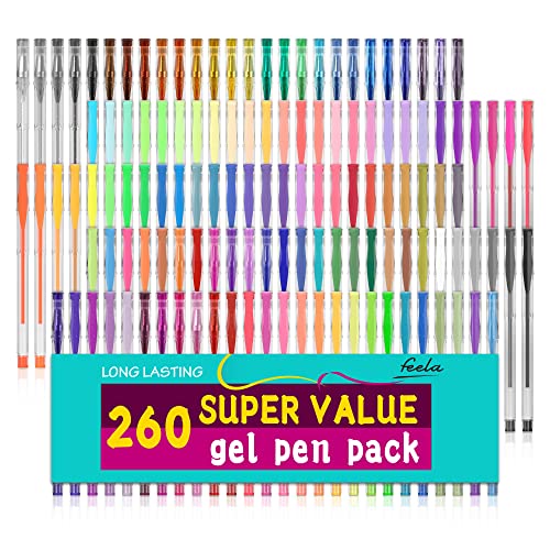 Gel Pens Set, 260 Pack Feela 130 Colored Gel Pens Plus 130 Refills for...