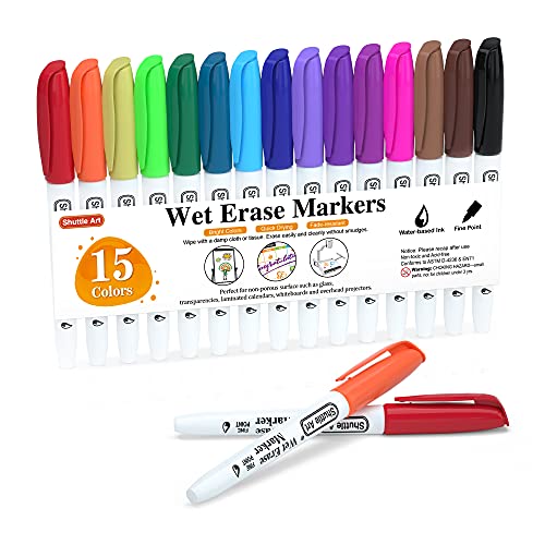 Wet Erase Markers, Shuttle Art 15 Colors 1mm Fine Tip Smudge-Free Markers,...