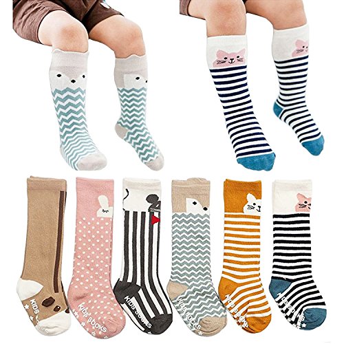 Fansco 6 Pairs Toddler Socks, Non Skid Knee High Cotton Socks for Baby Boys...