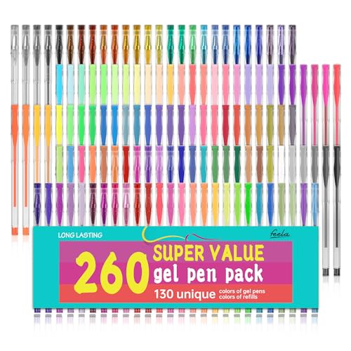 feela Gel Pens Set, 260 Pack 130 Colored Gel Pens Plus 130 Refills for...