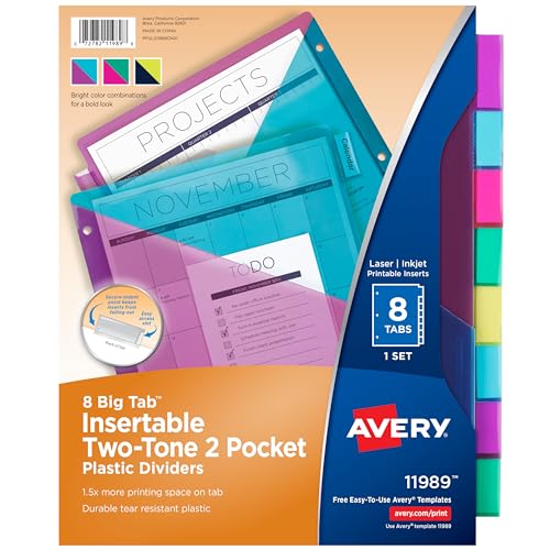Avery Plastic 8-Tab Two-Tone Binder Dividers with Two Pockets, Insertable...