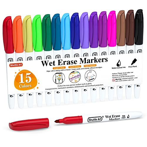Shuttle Art Wet Erase Markers, 15 Colors 1mm Fine Tip Smudge-Free Markers,...