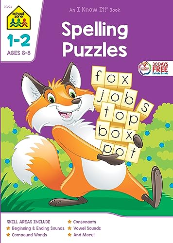 School Zone - Spelling Puzzles Workbook - 64 Pages, Ages 6 to 8, 1st Grade,...