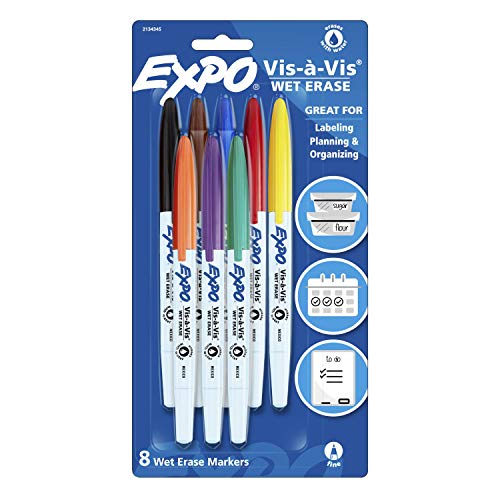 EXPO Vis-a-Vis Wet Erase Marker Set, Fine Tip, Assorted Colors, 8 Count