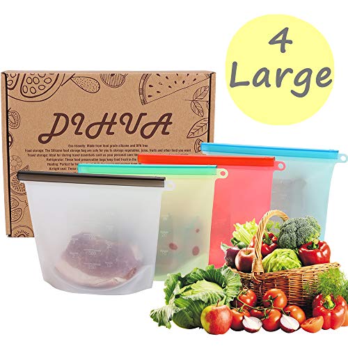 Reusable Silicone Food Storage Bag,DiHua Ziplock Bags,4 Large Srasher...
