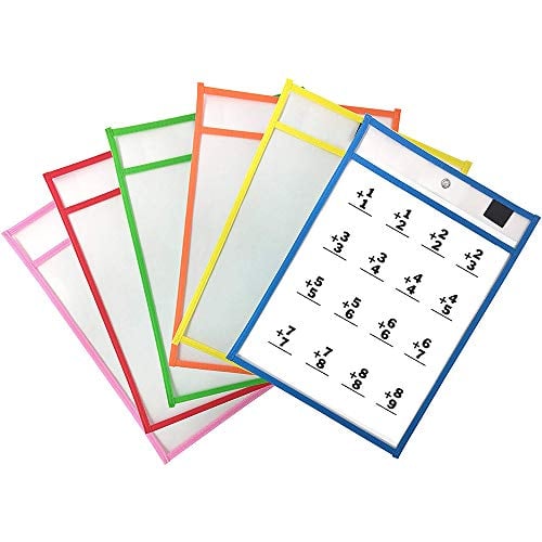 6 Pack Dry Erase Pockets Sleeves, 10 x 13 inches, Assorted Colors