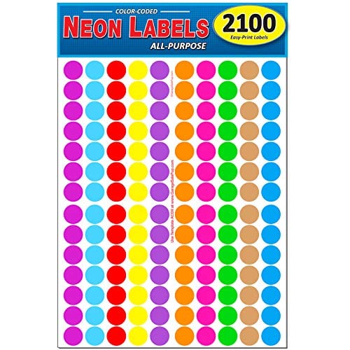 Pack of 2100 ¾" Round Color Coding Circle Dot Labels, 10 Bright Neon...