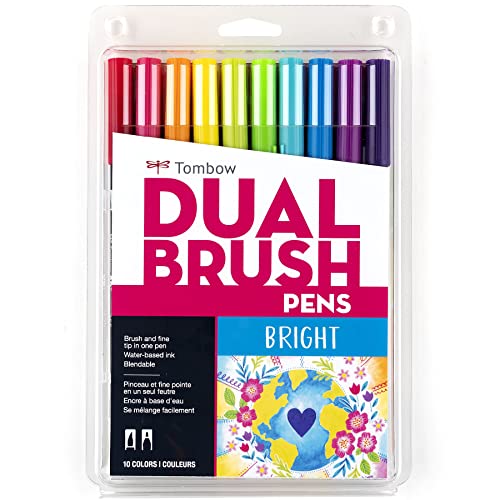 Tombow 56185 Dual Brush Pen Art Markers, Bright, 10-Pack. Blendable, Brush...