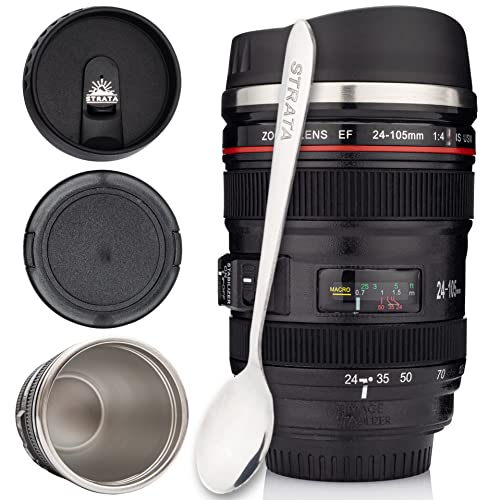 STRATA CUPS Camera Lens Coffee Mug -13.5oz | SUPER BUNDLE! (2 LIDS + SPOON)...