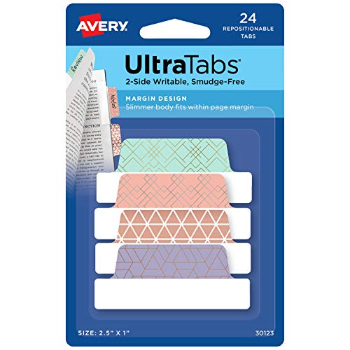 Avery Margin Ultra Tabs, 2.5' x 1', Assorted Metallic Geometric Designs, 24...