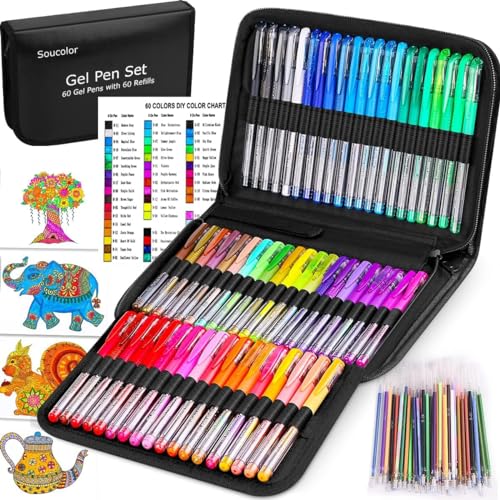 Soucolor 60 Colored Gel Pens for Adult Coloring Books, Deluxe 120 Pack- 60...