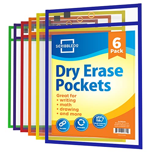 Scribbledo Dry Erase Pockets, 6 Pack Reusable Dry Erase Sleeves with Marker...