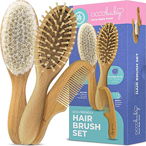 OCCObaby 3-Piece Wooden Baby Hair Brush and Comb Set for Newborns and...