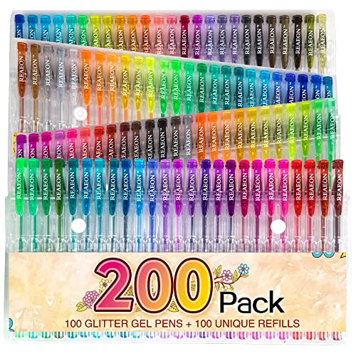 200 Glitter Gel Pen Set, 100 Gel Pens plus 100 Refills Glitter Neon Pen for...