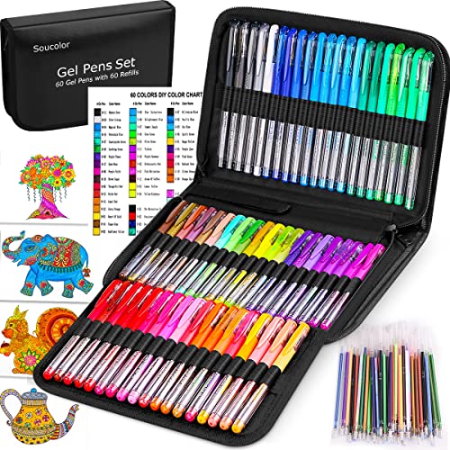 Soucolor 60 Colored Gel Pens for Adult Coloring Books, Deluxe 120 Pack- 60...
