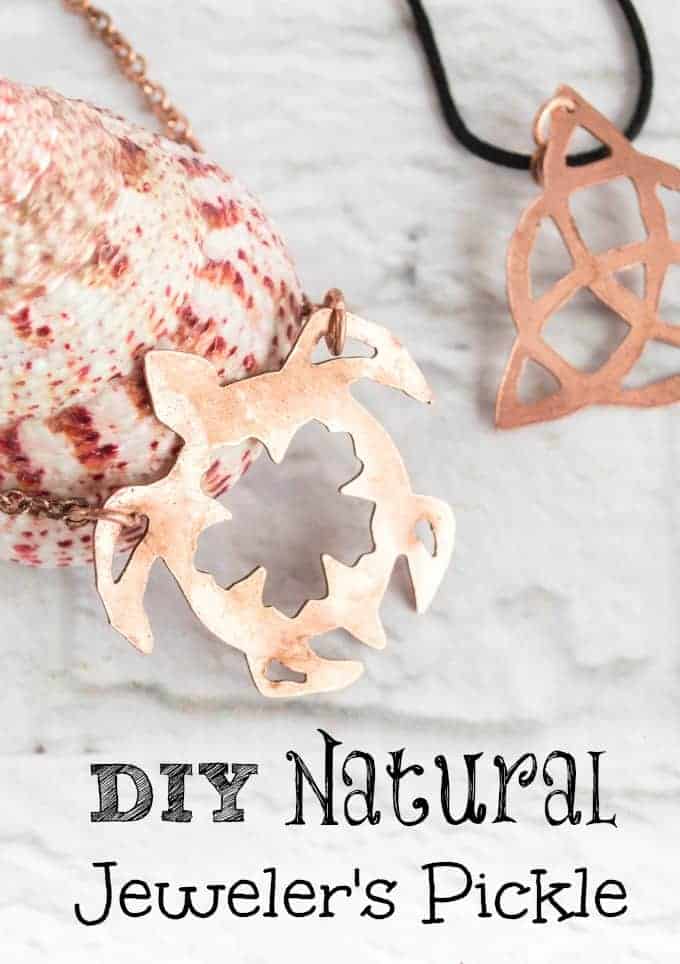 DIY Natural Jeweler's Pickle text over an image with a copper necklace with a pendant shaped like a turtle