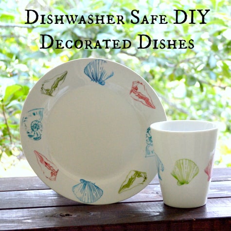 Dishwasher Safe DIY Decorated Dishes text overlay overtop of an image with white dishes stamped with seashells