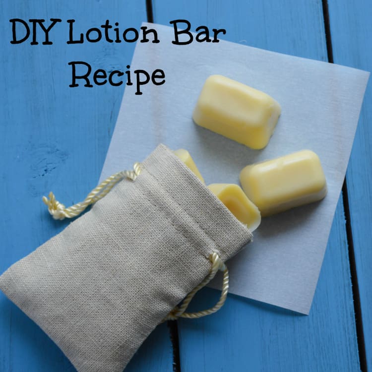 Homemade DIY Lotion Bar Recipe text over an image with ice cube shaped lotion bars on a square of wax paper