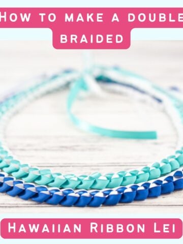 text "how to make a double braided Hawaiian ribbon lei" with two blue and teal ribbon lei