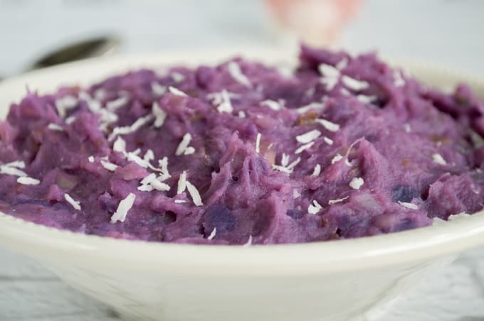 Paleo Coconut Lime Purple Sweet Potatoes with flaked coconut