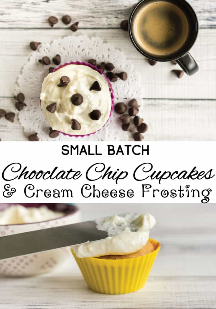 Small batch chocolate chip cupcakes and cream cheese frosting