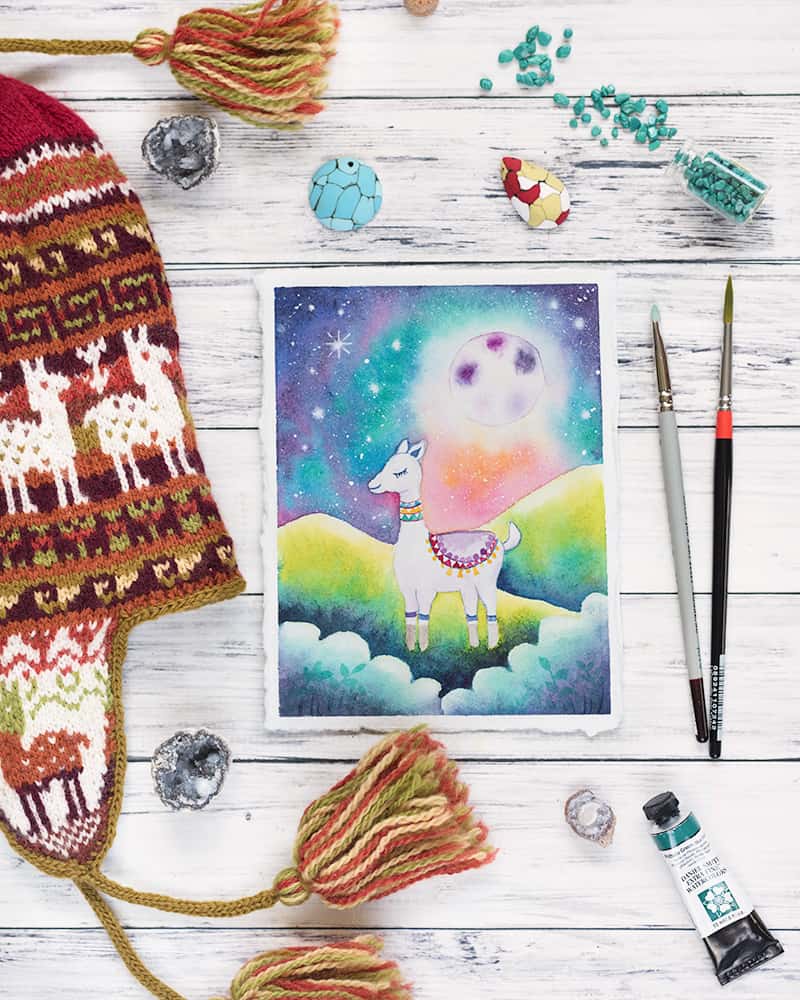 alpaca watercolor painting with knit chullo hat