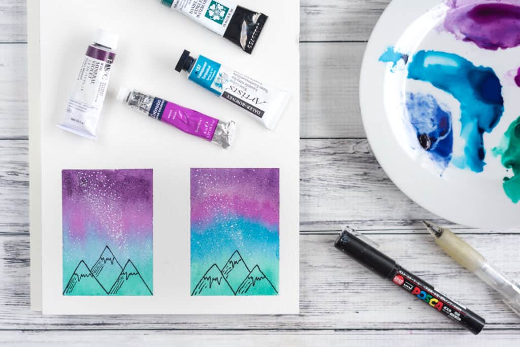 how to paint a watercolor galaxy night sky with mountains