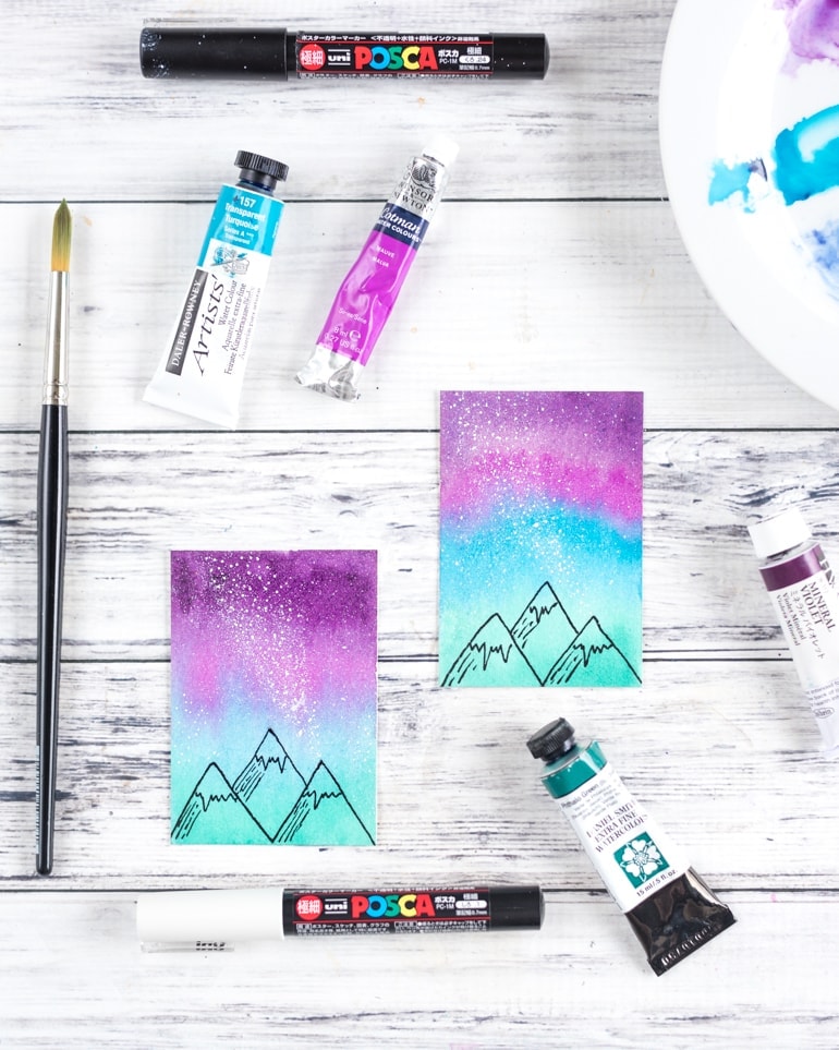 watercolor galaxy night sky with mountains tutorial