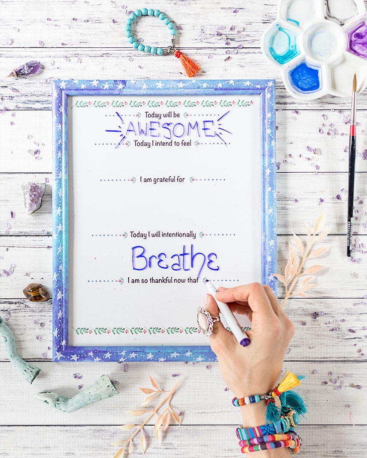free printable daily intentions planner in an easy DIY dry erase board made from a picture frame