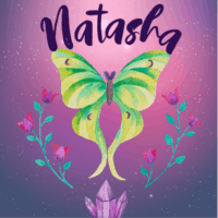 watercolor luna moth with crystals and the text "Natasha" of The Artisan Life
