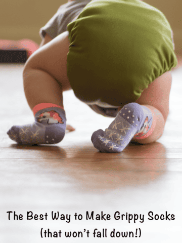 The best way to make grippy socks that won't fall down! So easy and inexpensive, and better for baby than hard shoes when she's crawling or cruising.