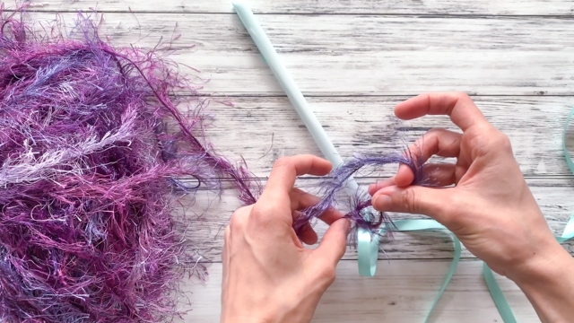 tie eyelash yarn to ribbon