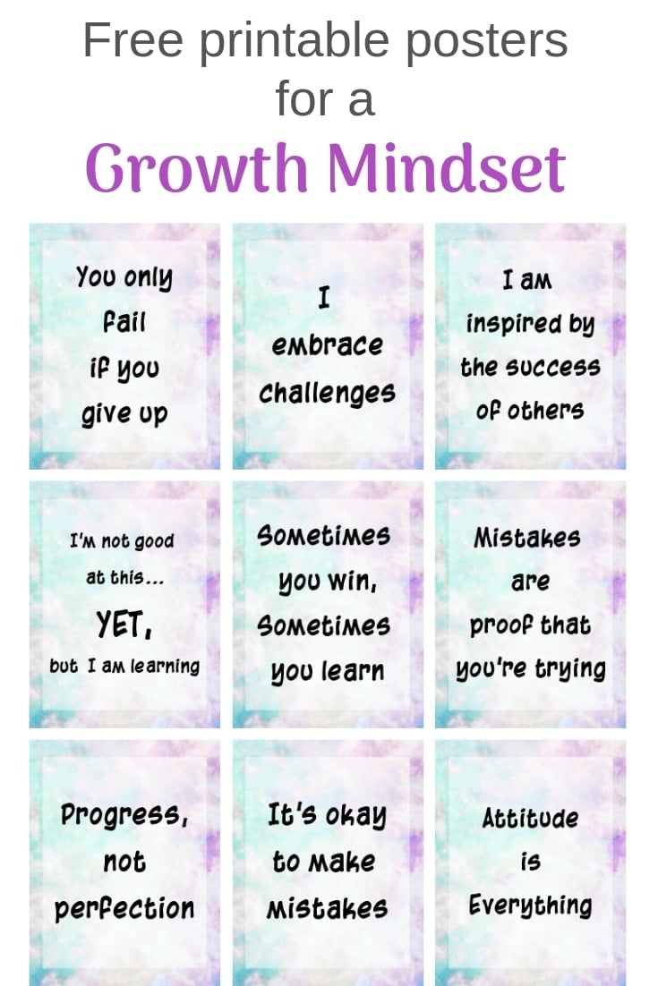 These growth mindset printable are great for your home or classroom.Grab these growth mindset bulletin board printables! Free printable posters for a growth mindset with a galaxy background #freeprintable #growthmindset