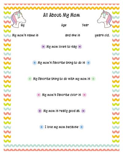 all about my mom printable with unicorns