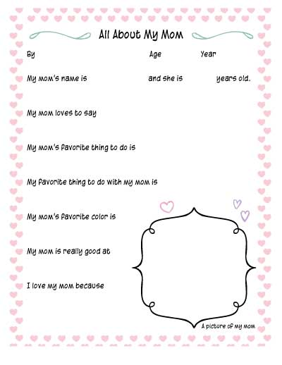 My Mom Printable for Mother's Day, What I Love About My Mom Worksheet,  Custom Printable