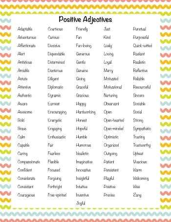 Free printable poster of positive adjectives to call a child