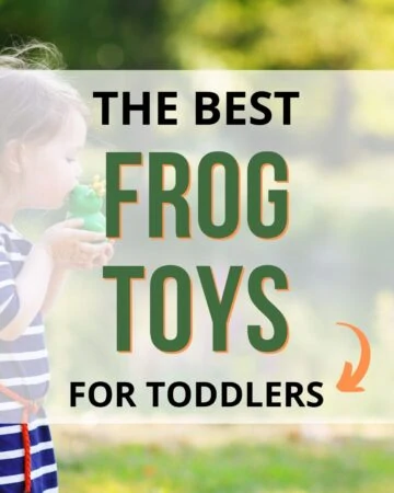 text "the best frog toys for toddlers" overlay on an image of a little girl in a blue and white dress kissing a toy frog