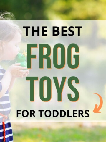 text "the best frog toys for toddlers" overlay on an image of a little girl in a blue and white dress kissing a toy frog