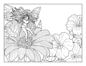 spring coloring page with flowers and a fairy