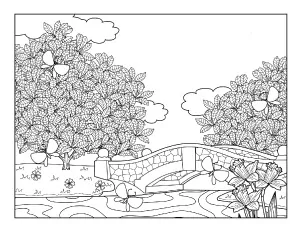 spring coloring page with a bridge over a stream