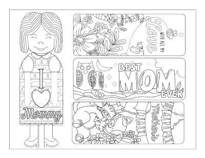 four printable Mother's Day bookmarks to color. One is in the shape of a woman, another has flowers, the third has owls, and the fourth has cats.