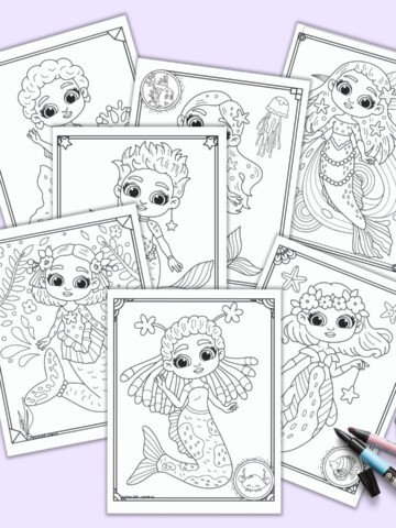 A preview of seven printable cute mermaid coloring pages on a light purple background