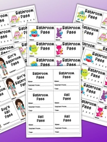 6 printable hall pass templates on a purple background. In front and center is a plain hall pass printable. Other printables feature cute cartoon images for elementary students