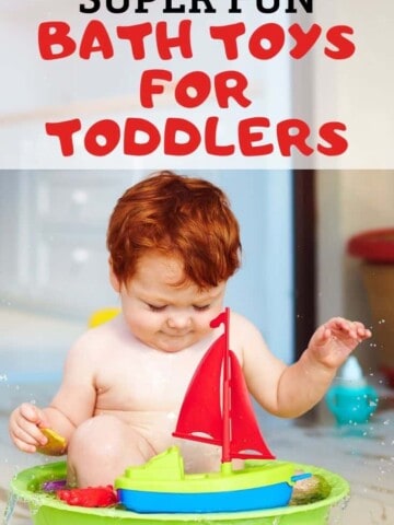 Photo of toddler in tub with caption "super fun bath toys for toddlers"