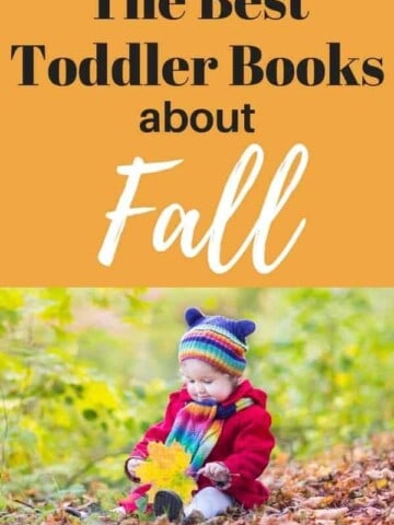 The best toddler books about fall - text overlay with photo of young girl playing in leaves