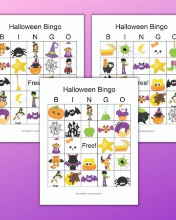 three free printable Halloween picture bingo cards on a purple background