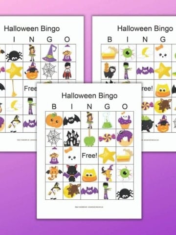 three free printable Halloween picture bingo cards on a purple background